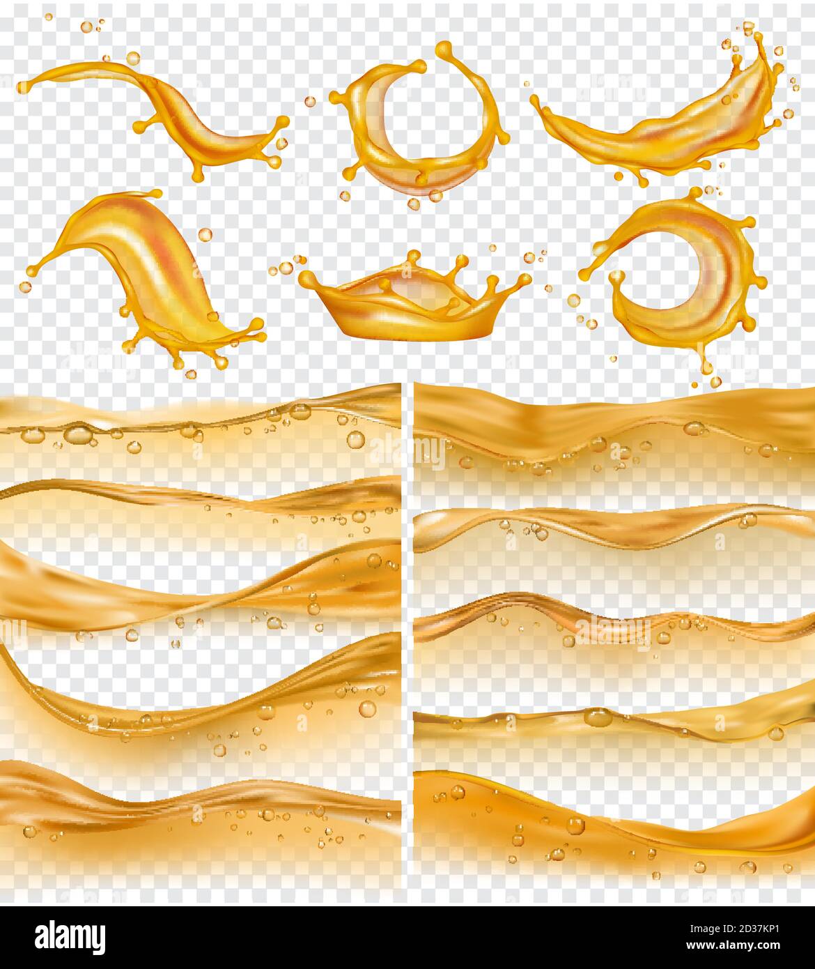 Vagues de pétrole. Surface liquide dorée réaliste du débit d'huile l'essence chute et éclabousse la collecte du vecteur de carburant Illustration de Vecteur