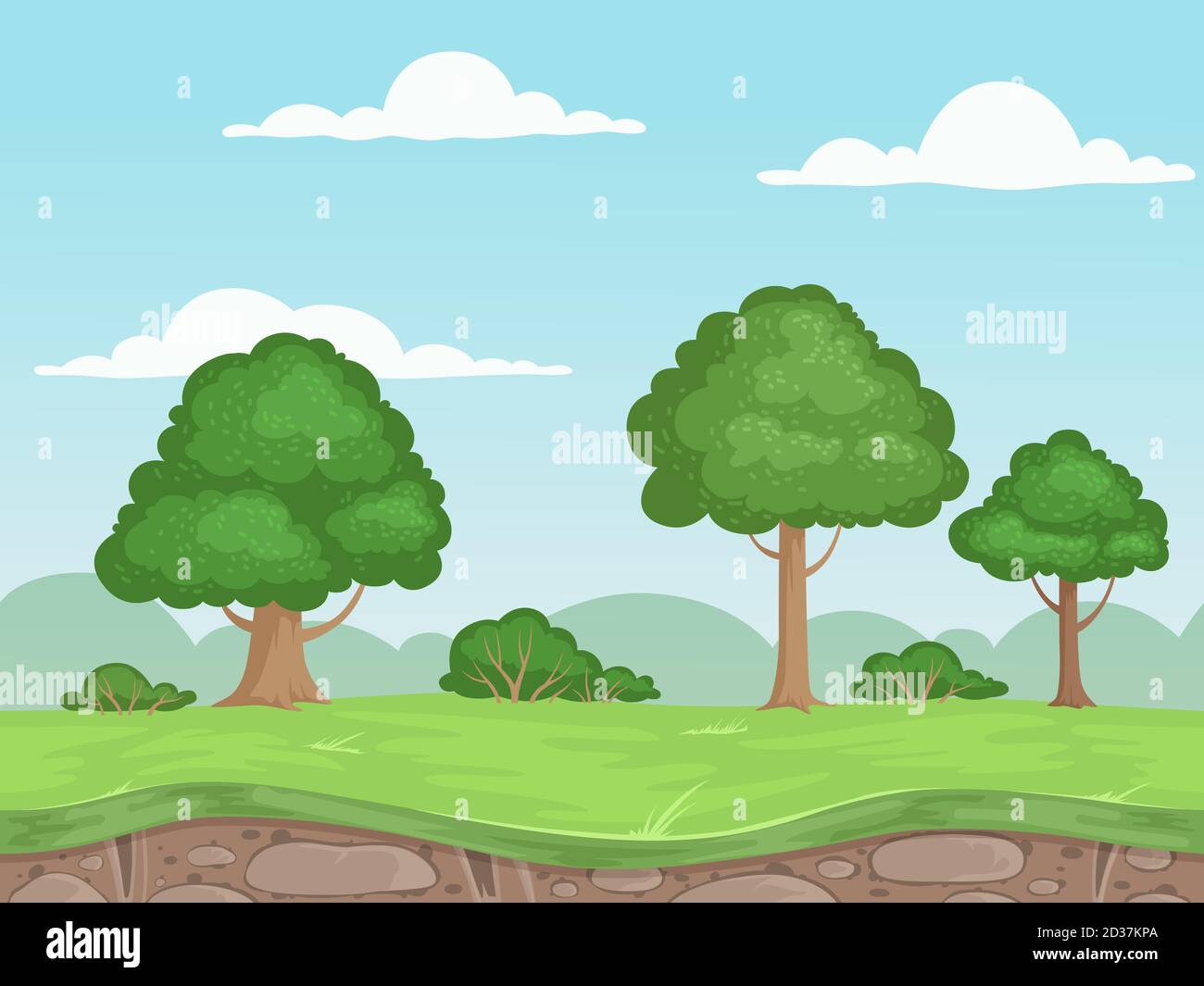 Paysage naturel de jeu fluide. Arrière-plan parallaxe pour jeu 2d montagnes d'extérieur arbres et nuages illustrations vectorielles Illustration de Vecteur