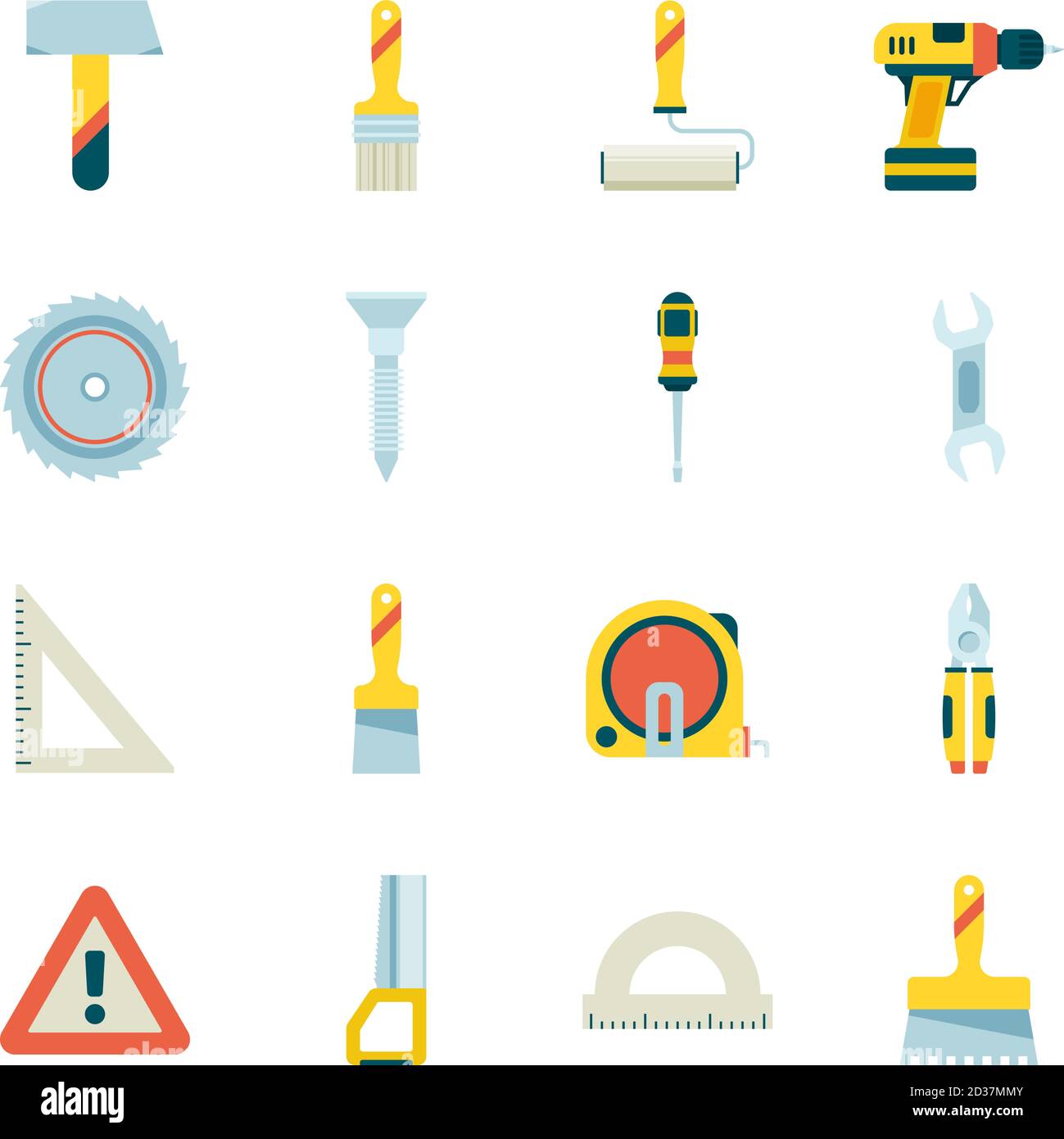 Icône Construction. Industrie du bâtiment équipement grue roulette peinture scie marteau vecteur plat photos collection Illustration de Vecteur