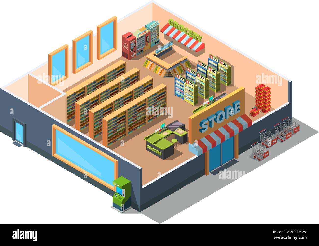 Intérieur du supermarché. Section transversale du centre commercial de construction de marché de détail avec équipement et sections d'épicerie 3d bas poly isométrique vecteur Illustration de Vecteur