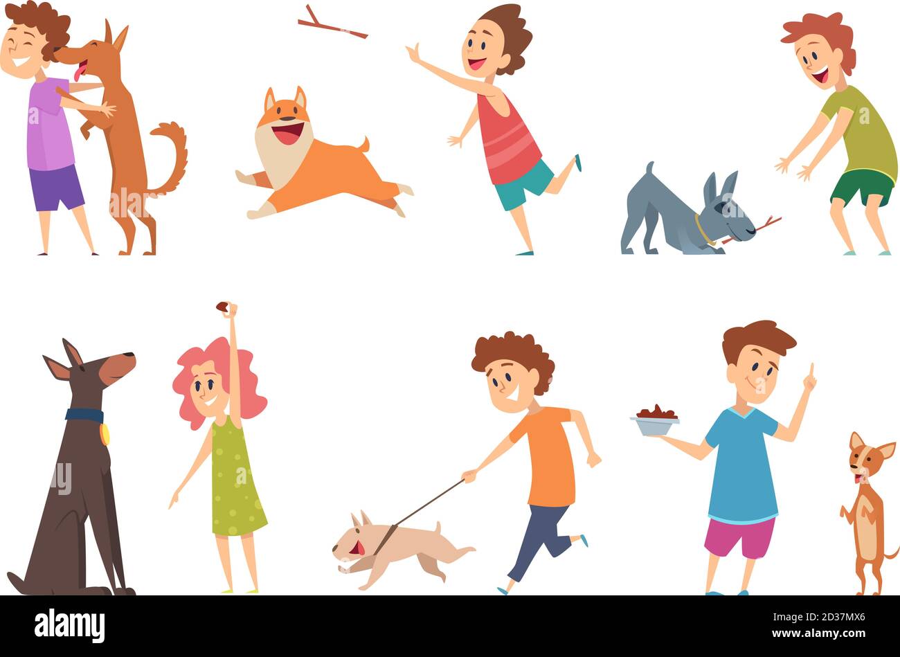 Enfants avec chiens. Les enfants heureux jouant embrasser leurs animaux de compagnie drôle vecteur chiot chien animaux domestiques Illustration de Vecteur