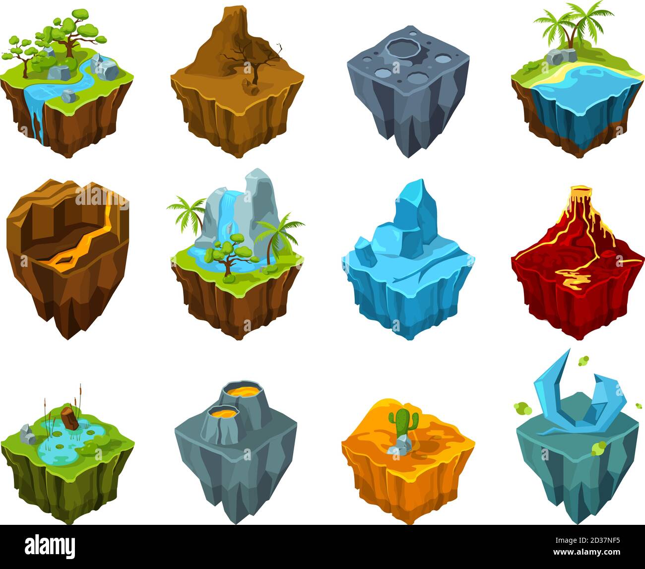Ilot isométrique. Des terrains volants avec différents types de textures cristal lune volcan cratère eau vecteur prédéfini pour les jeux Illustration de Vecteur Ilot isométrique. Des terrains volants avec différents types de textures cristal lune volcan cratère eau vecteur prédéfini pour les jeux Illustration de Vecteur
