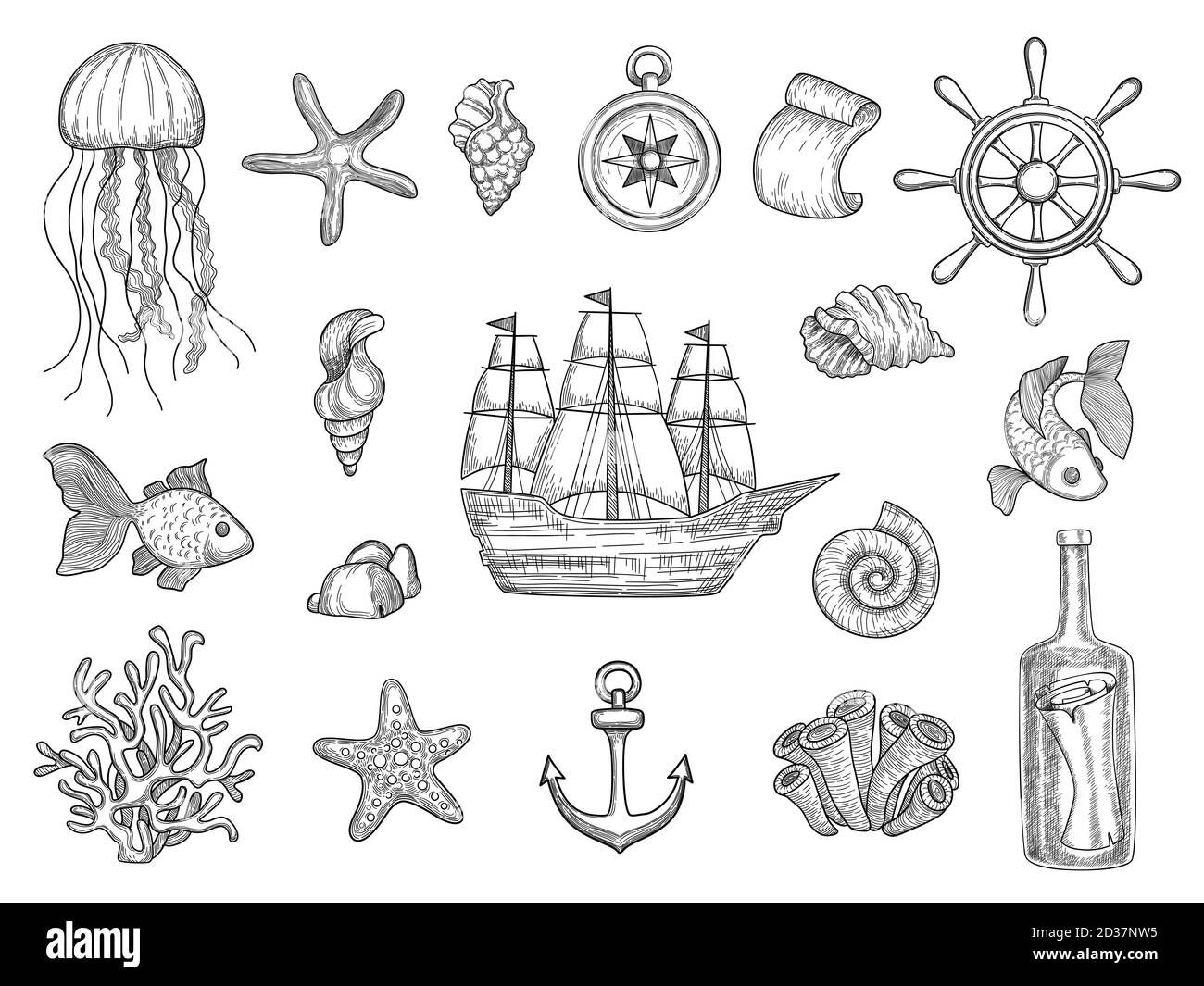 Symboles marins. Bateau à poissons coquillages bateaux symboles océan voilier vecteur collection nautique Illustration de Vecteur