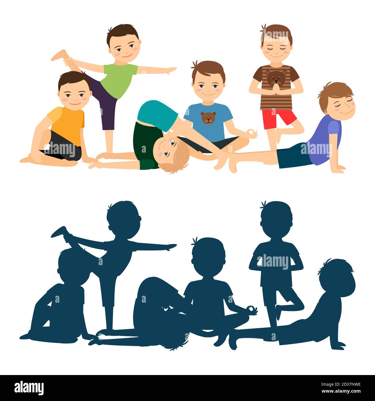 Entraînement de yoga pour garçons. Silhouettes de yoga Vector isolées sur fond blanc Illustration de Vecteur