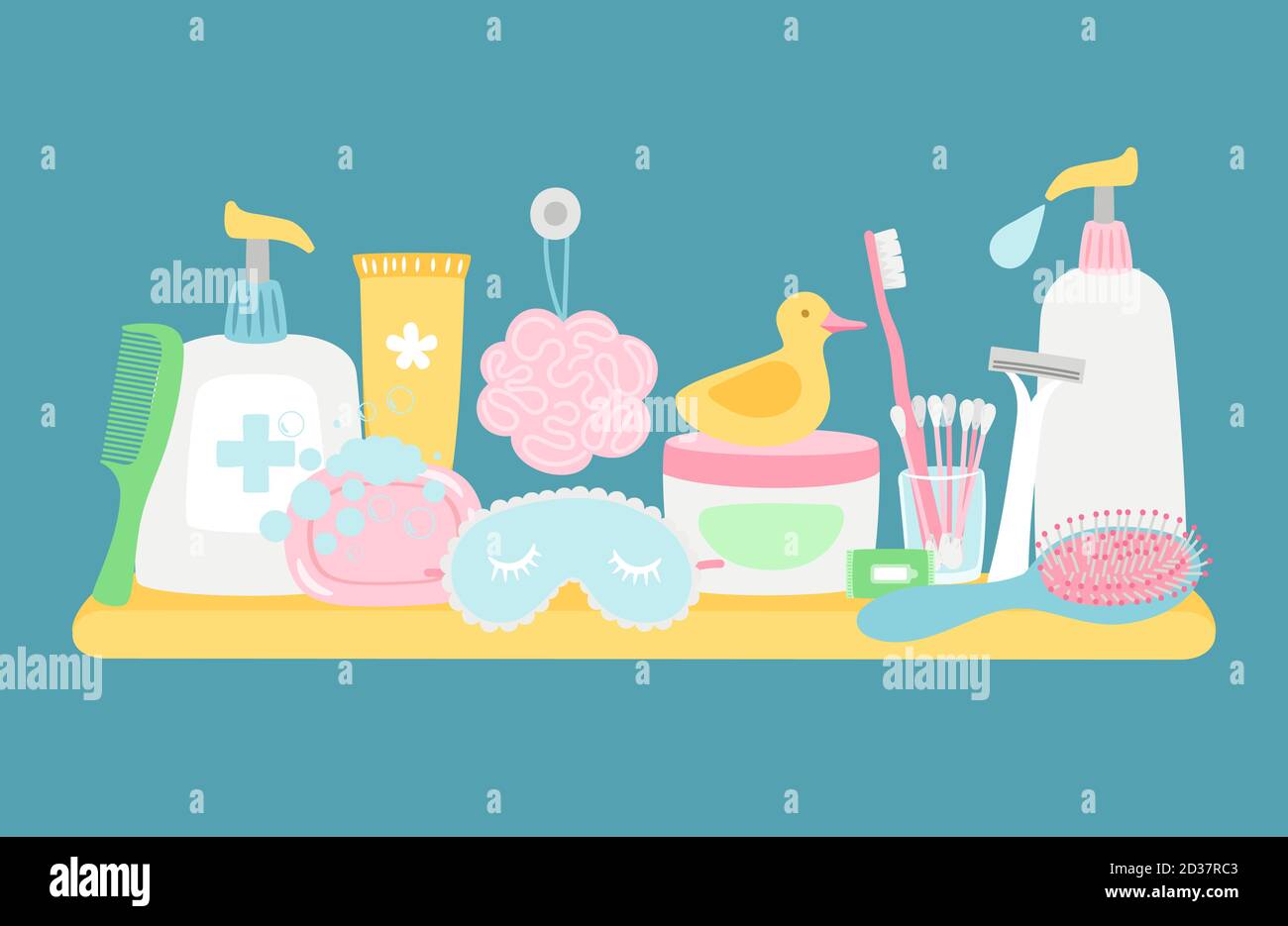 Accessoires d'hygiène de salle de bain et composition vectorielle de cosmétiques sur fond bleu Illustration de Vecteur