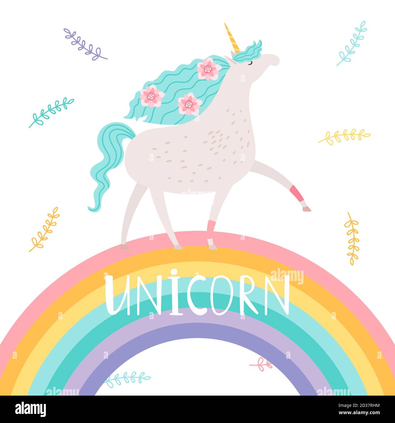 Dessin animé unicorn avec fleurs et arc-en-ciel, modèle de carte imprimable vectoriel Illustration de Vecteur