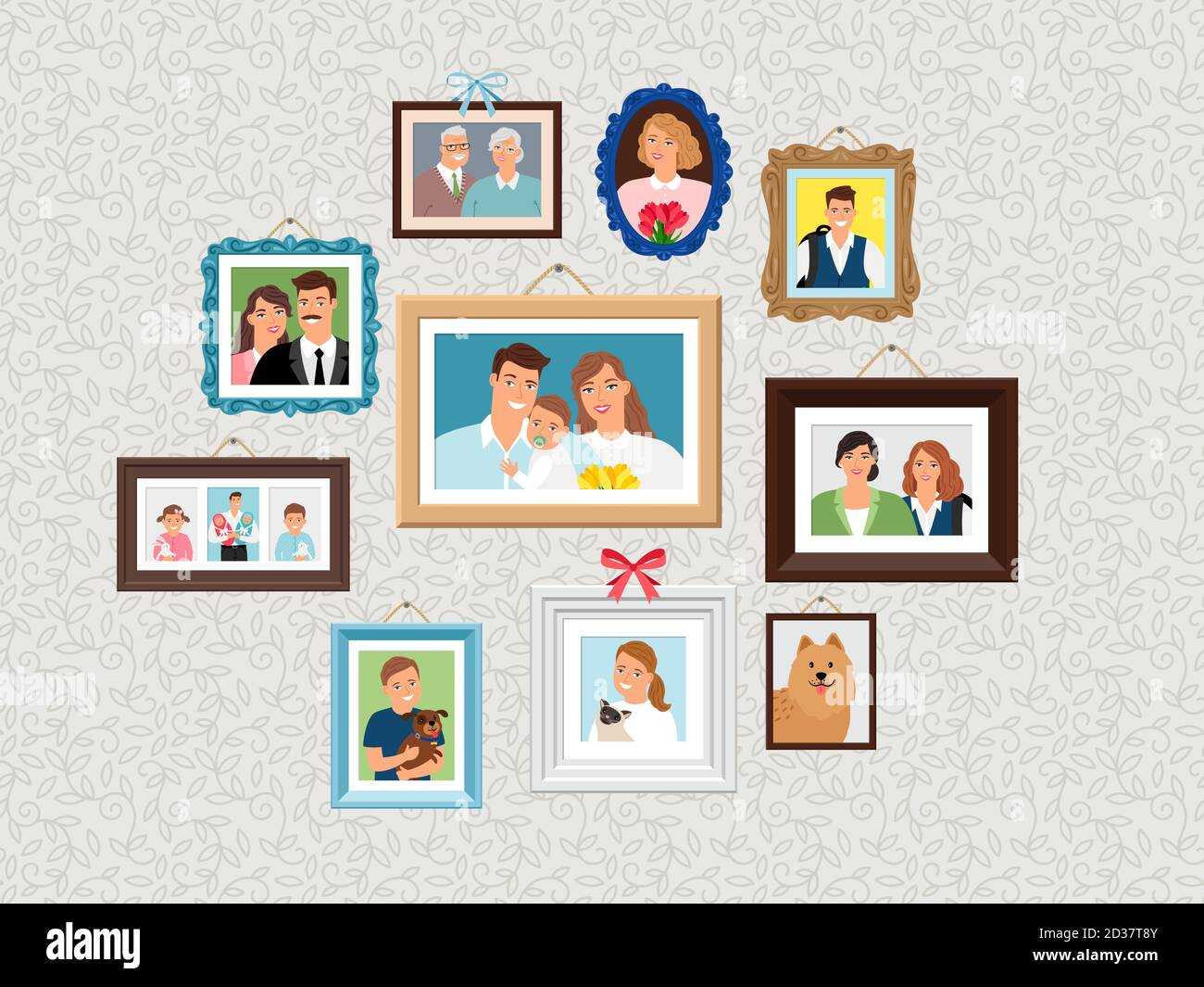 Ensemble de cadres de famille. Portraits de personnes, visages photoportraits sur le mur avec enfants et chien, épouse et grands-parents illustration vectorielle Illustration de Vecteur