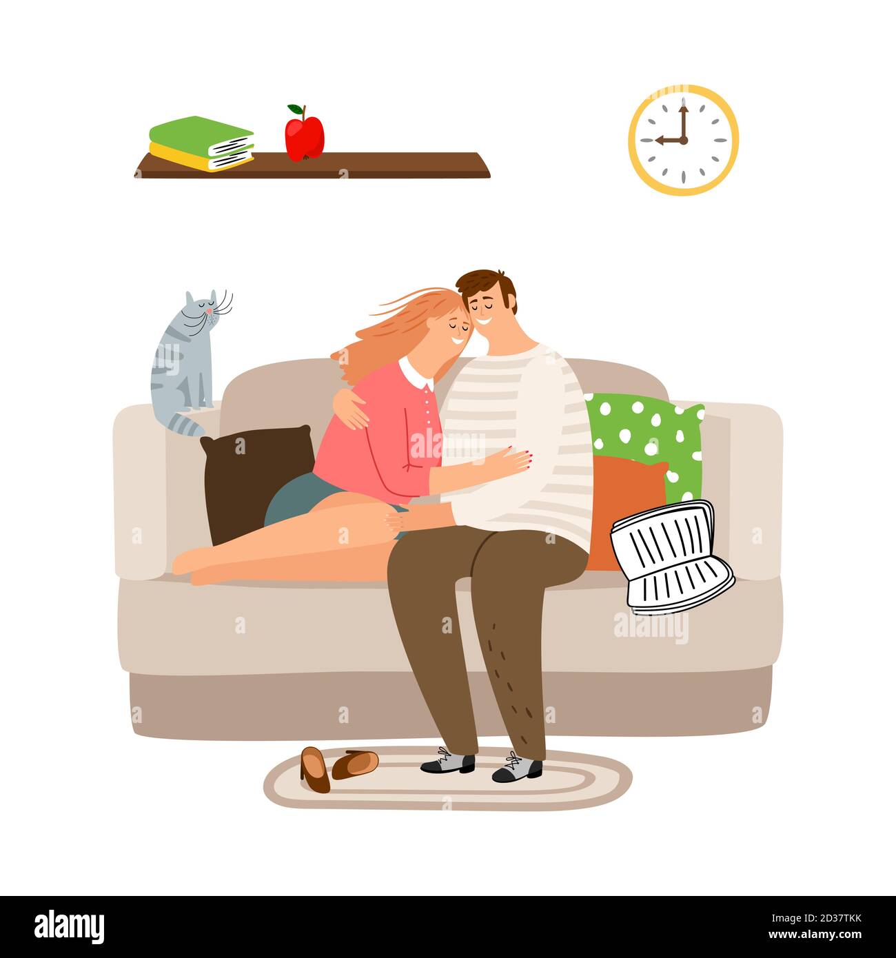 Couple amoureux sur l'illustration de vecteur de canapé. Concept soirée calme ensemble. Couple amour homme et femme, loisirs à la maison ensemble illustration Illustration de Vecteur