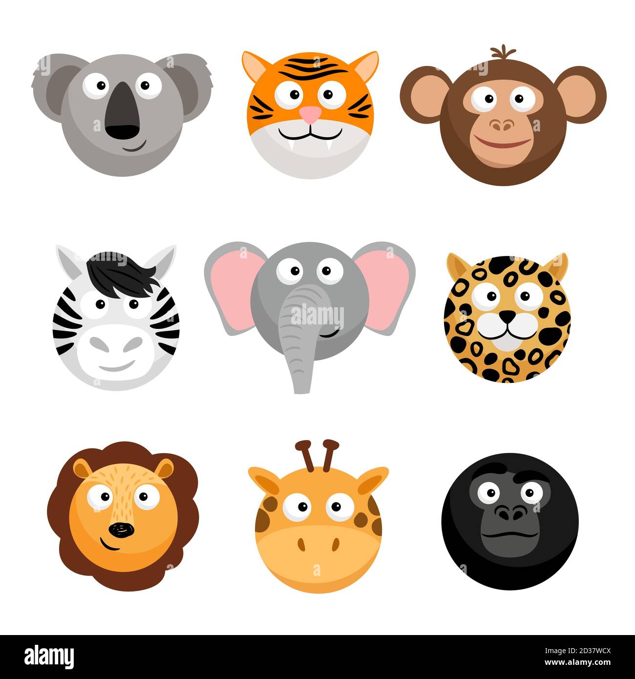 Émoticônes d'animaux sauvages. Vecteur bande dessinée drôle smileys visages, dessin animé animal emojis. Tête d'animal de visage sauvage, illustration d'avatar smiley Illustration de Vecteur
