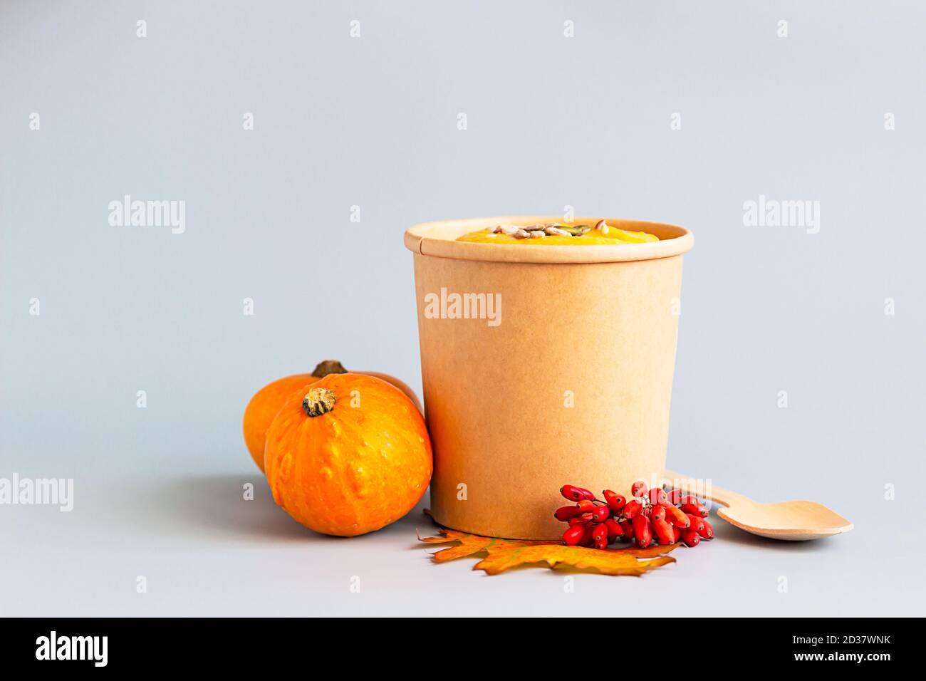 Soupe épaisse à la crème de citrouille végétalienne avec graines dans une tasse de papier artisanal jetable. Soupe à emporter, alimentation saine. Emporter la nourriture. Banque D'Images