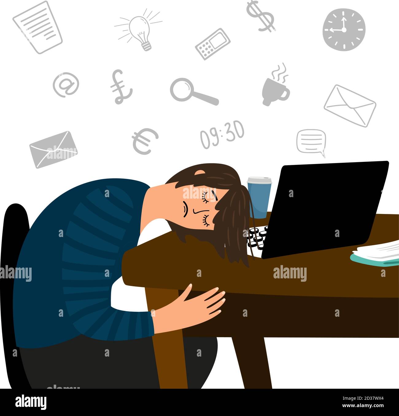 Fille fatiguée s'est endormi au concept de vecteur de table de bureau. Illustration d'une femme fatiguée, fille surtravaillait au bureau Illustration de Vecteur