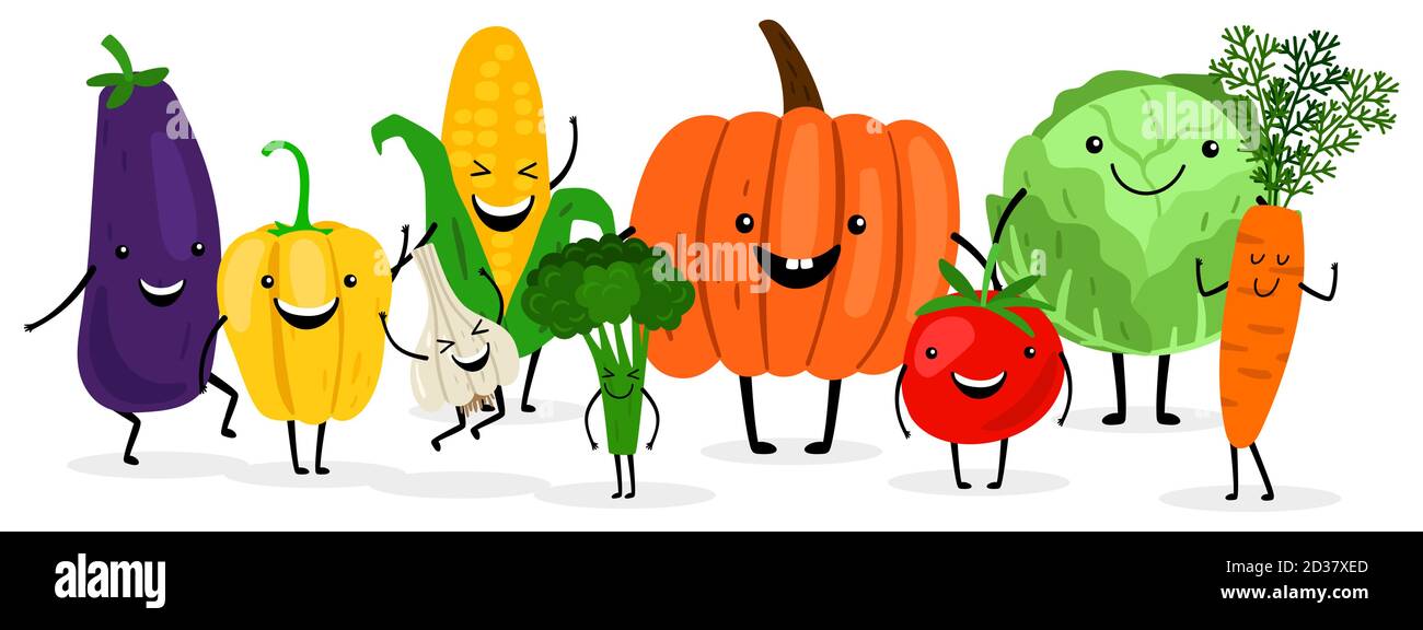 Mignon dessin animé légumes isolés sur fond blanc. Illustration de la saison de récolte. Citrouille végétale et tomate, carotte et chou Illustration de Vecteur