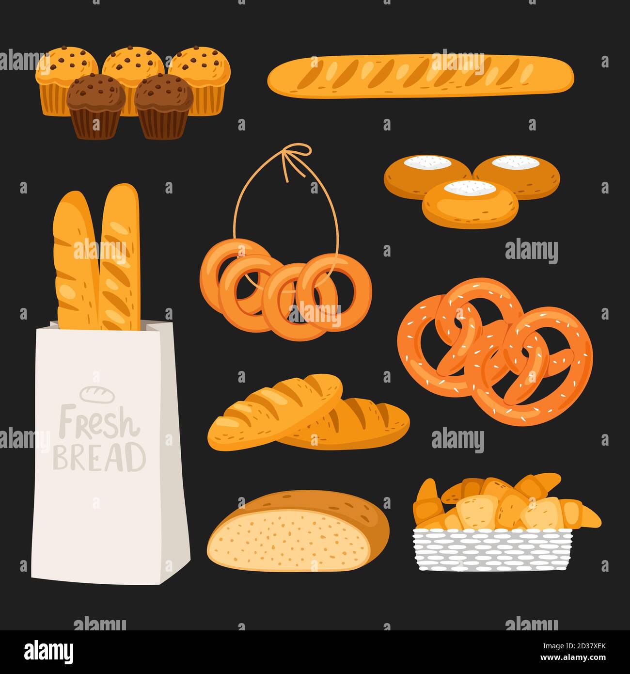 Pain frais et pâtisserie isolé sur fond noir. Éléments de boulangerie Vector. Pain, boulangerie fraîche, gâteau et croissant Illustration de Vecteur