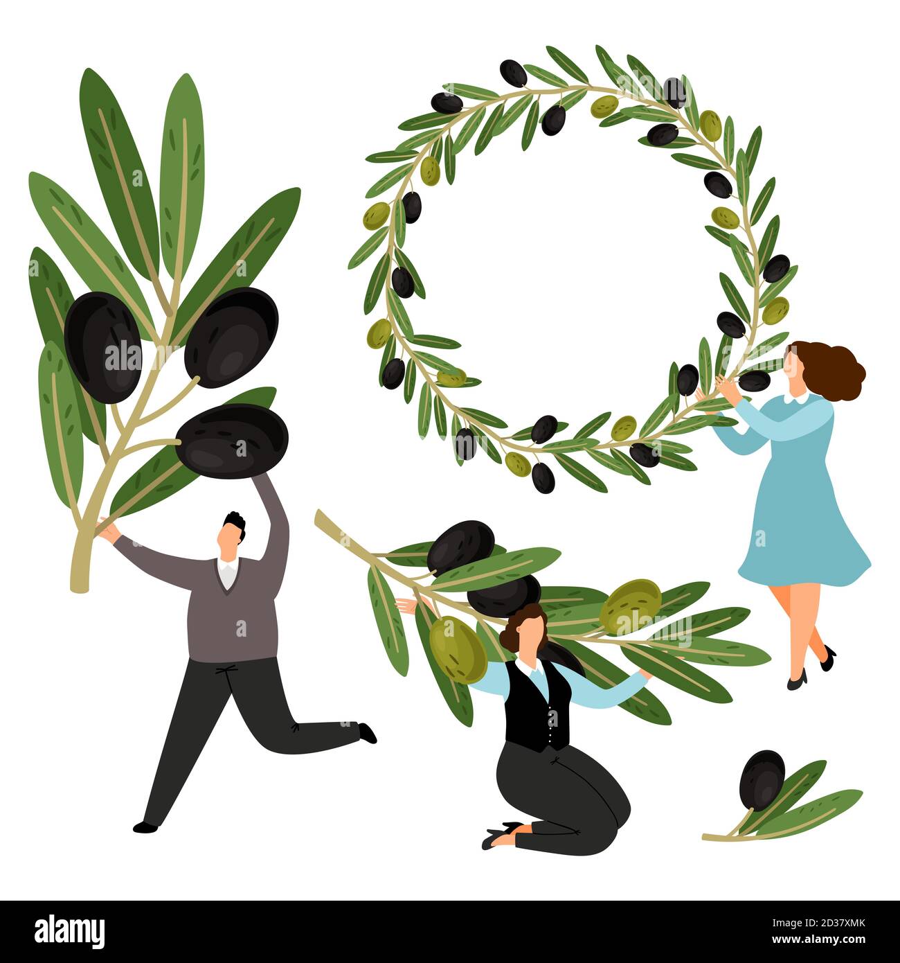 Les gens ont des branches d'olive et une collection de vecteurs de couronne d'olive. Illustration arbre de branche olive de couronne, arbre floral de feuille Illustration de Vecteur