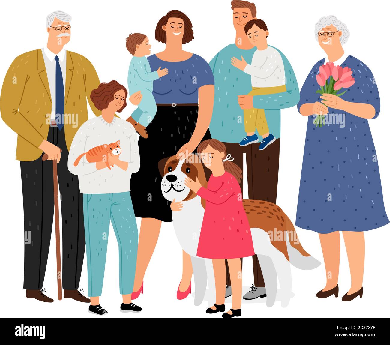 Grande famille. Père et mère, grand-mère et grand-père, enfants et ensemble de vecteurs d'animaux de compagnie Illustration de Vecteur