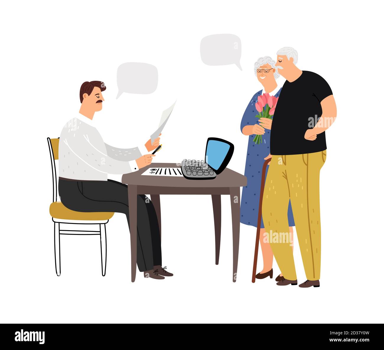 Travailleur social. Couple de personnes âgées au travailleur social. La paperasserie, employé d'un organisme gouvernemental au travail. Caractères vecteur âgés Illustration de Vecteur