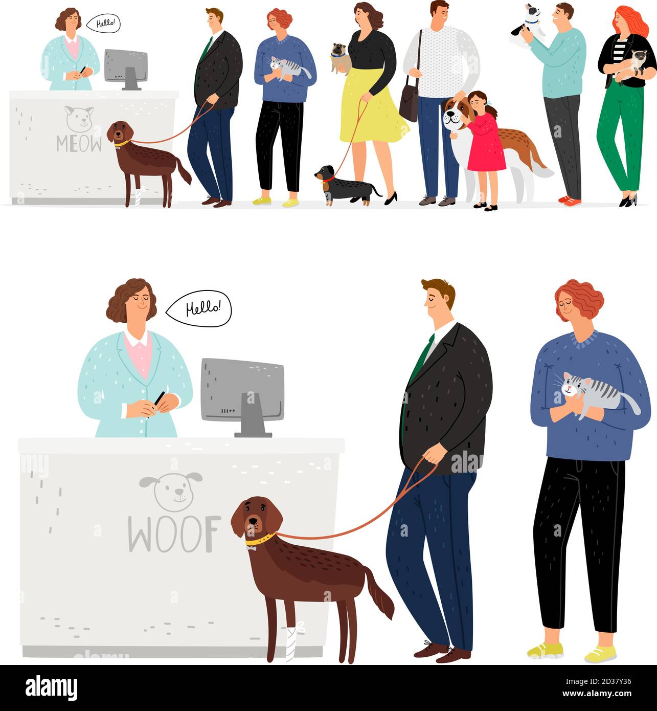 La file d'attente des hôpitaux pour chats et chiens. Patients d'animaux de compagnie, propriétaires d'animaux en attente de service vétérinaire, femme tenant un chat, homme mène le chien en laisse dans la salle de réception de la clinique d'urgence, illustration vectorielle Illustration de Vecteur