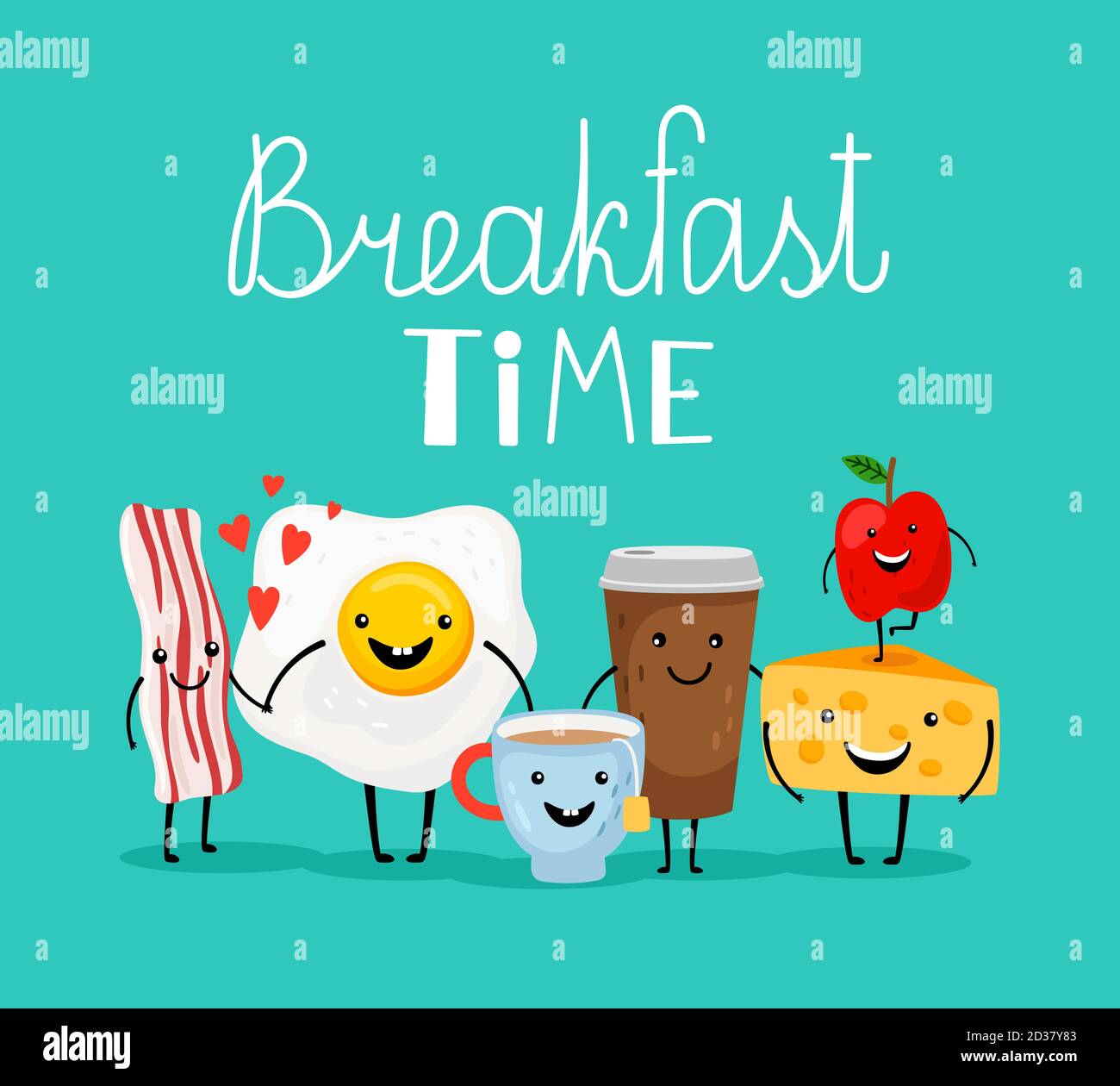 Heure du petit déjeuner. Petit déjeuner souriant sur la table, fromage riant et repas au lait, œufs et bacon frits riant, mignon café matin concept Illustration de Vecteur