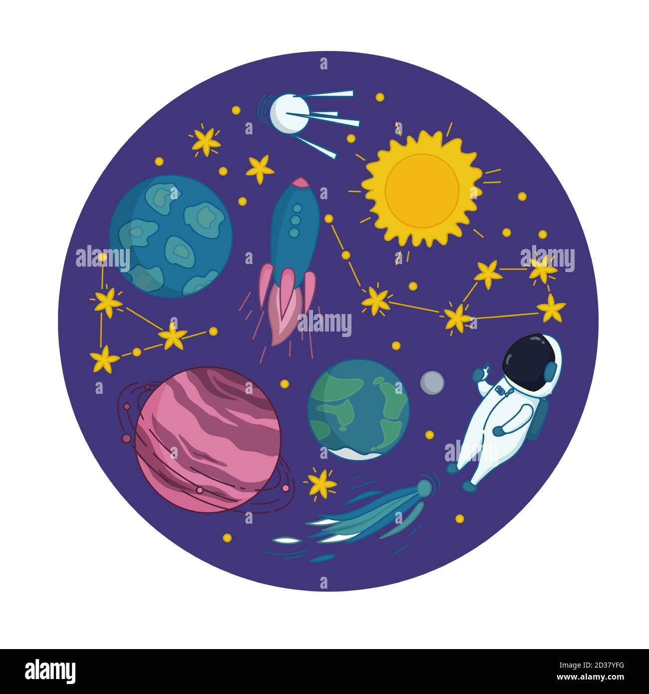 Aventures dans l'espace avec l'astronaute, la fusée volante, le satellite, la comète, le Soleil, les étoiles, les constellations, Saturne, la Terre et d'autres planètes. Vecteur Illustration de Vecteur