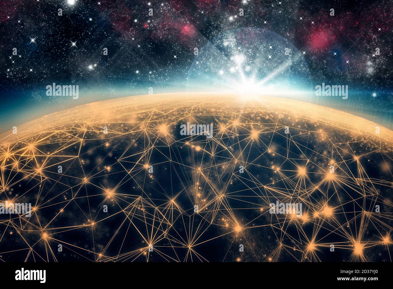 Illustration 3D. Lignes reliant la terre vue de l'espace extérieur avec lumière solaire brillante. Concept de réseau social et d'entreprise. Personne. 3D Rende Banque D'Images