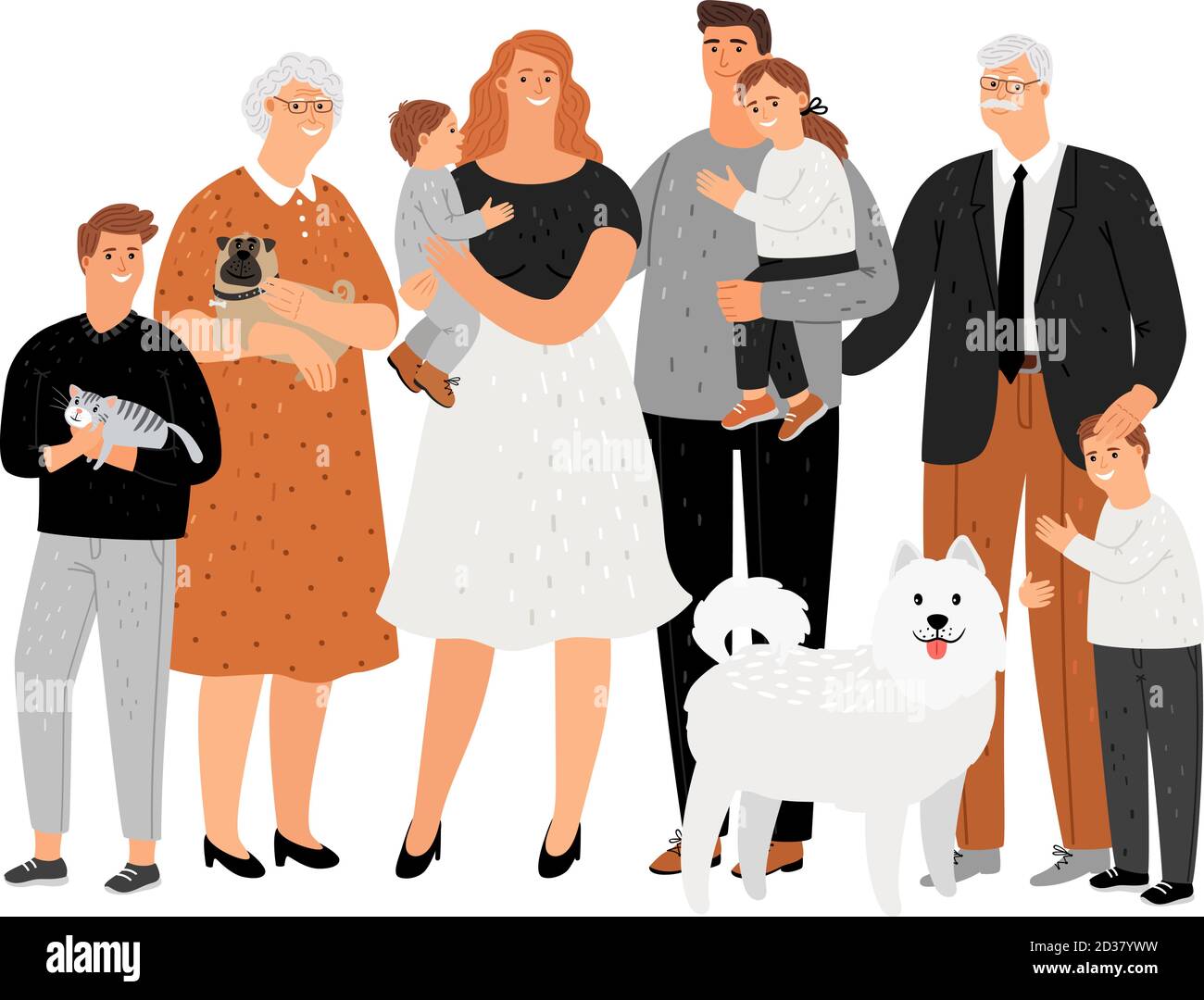 Illustration vectorielle de portrait de famille de dessin animé. Personnes âgées grands-parents grand-père et grand-mère, père et mère adultes, jeune fils et fille, chat et chien vieux heureux ensemble Illustration de Vecteur