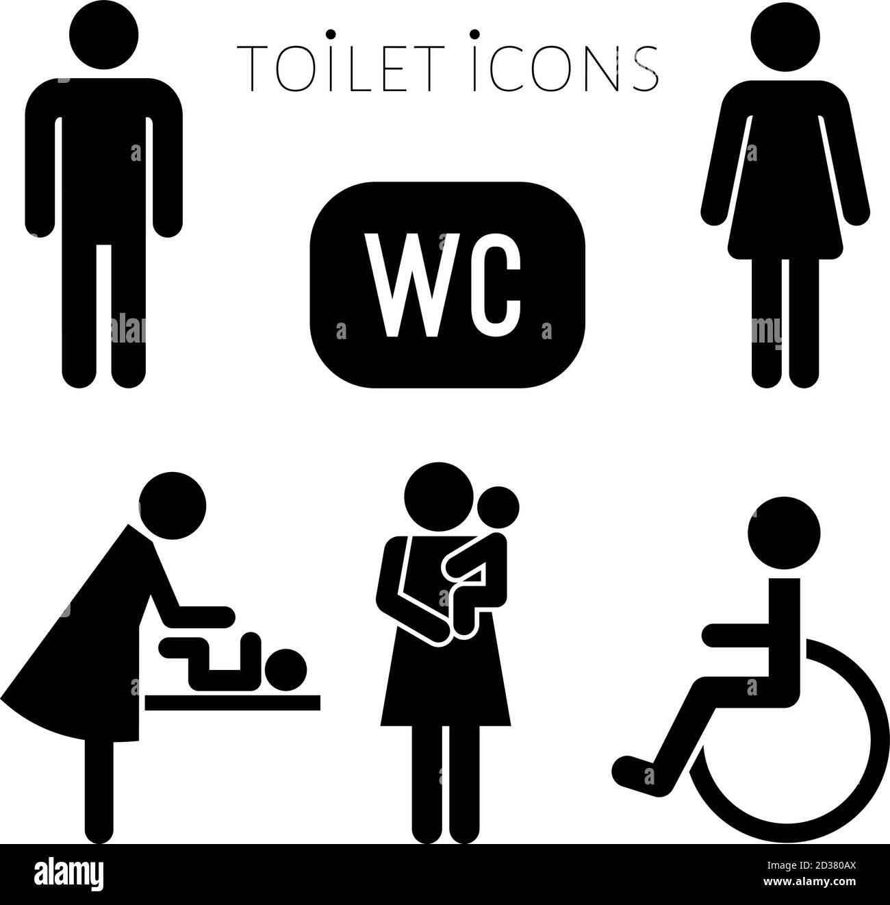 Collection d'icônes WC pour hommes, femmes, mères et bébés et personnes en fauteuil roulant. Ensemble d'icônes vectorielles noires de toilettes Illustration de Vecteur