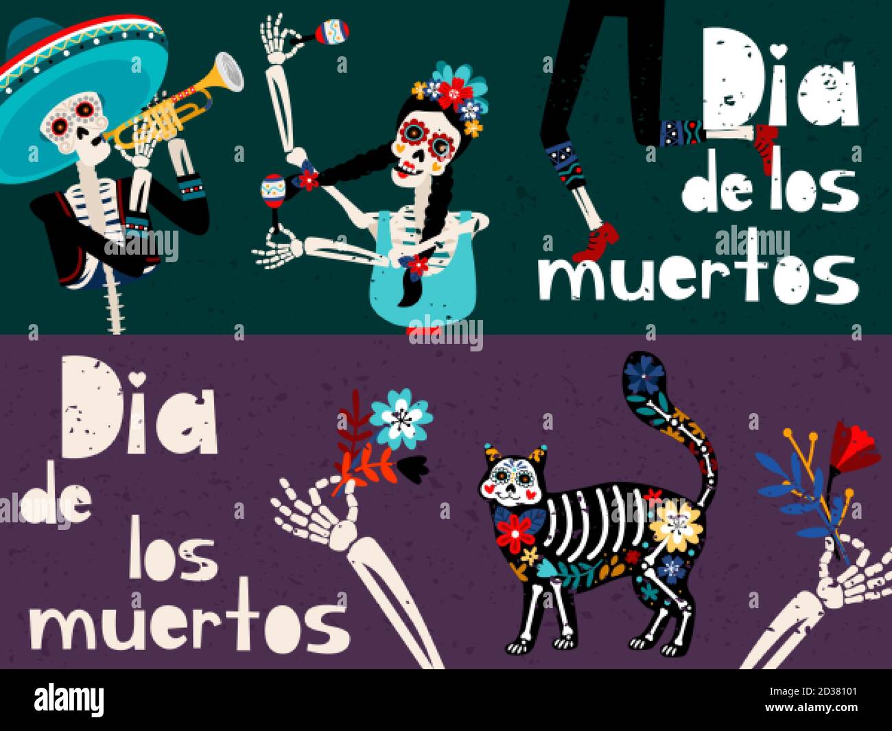 Ensemble de modèles de cartes de vœux à vecteur plat dia de los muertos. Collection traditionnelle mexicaine et espagnole de mises en page de banderoles de fête. Lot de dessins animés pour invitation à la fête Day of Dead Illustration de Vecteur