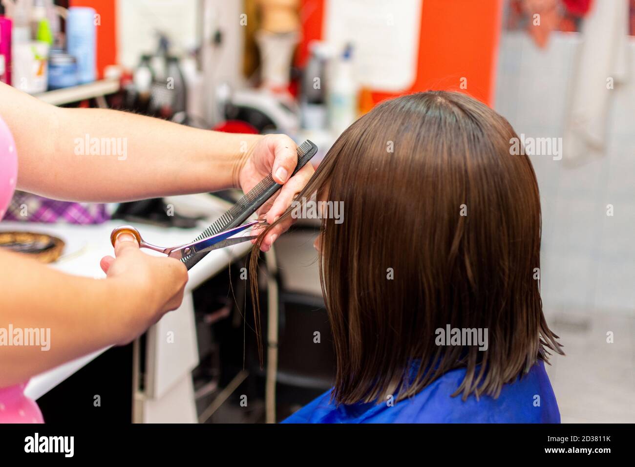 Coiffeur professionnel de femme coupant les cheveux de fille dans le salon Banque D'Images