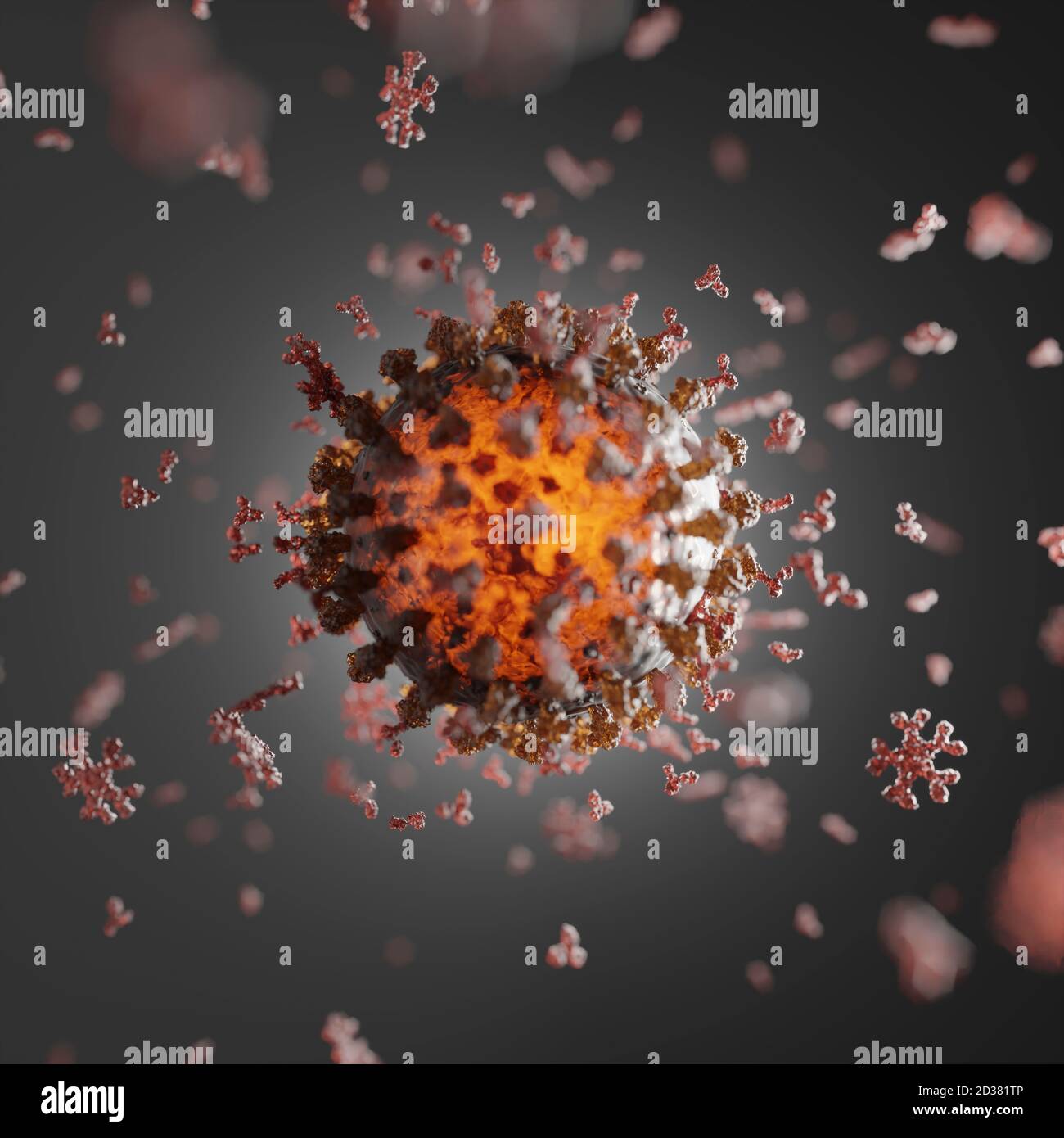 Groupe d'anticorps humains (IgG et IgM) attaquant un virus Corona (Covid 19). Un modèle précis basé sur des données structurelles scientifiques de l'APB. Banque D'Images