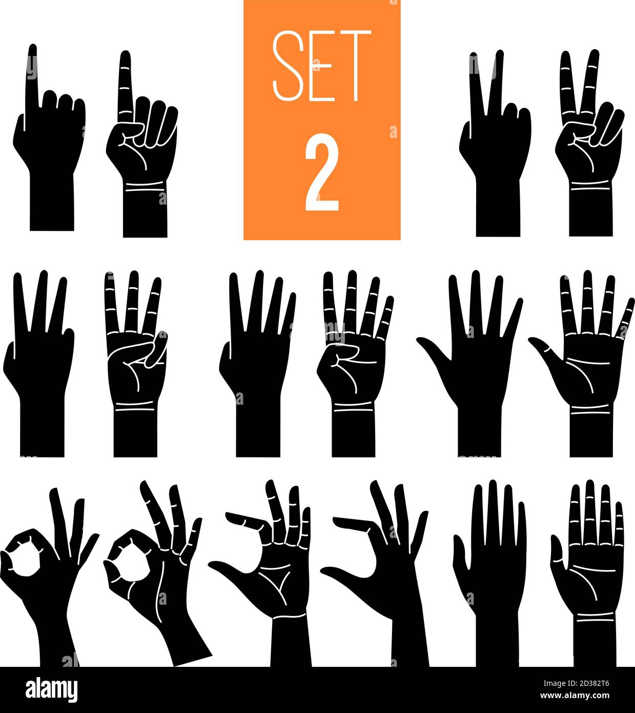 Mains de femme montrant le jeu d'icônes de glyphe de geste. Un, deux, trois, quatre, cinq chiffres. Bras pointant avec l'index clipart isolé sur fond blanc. Symbole OK. Langage non verbal Illustration de Vecteur