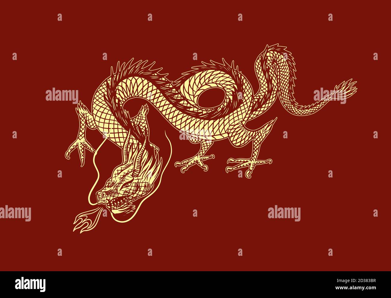 Dragon chinois. Animal mythologique ou reptile traditionnel asiatique. Symbole pour tatouage ou étiquette. Dessin au trait gravé à la main Art ancien monochrome Illustration de Vecteur