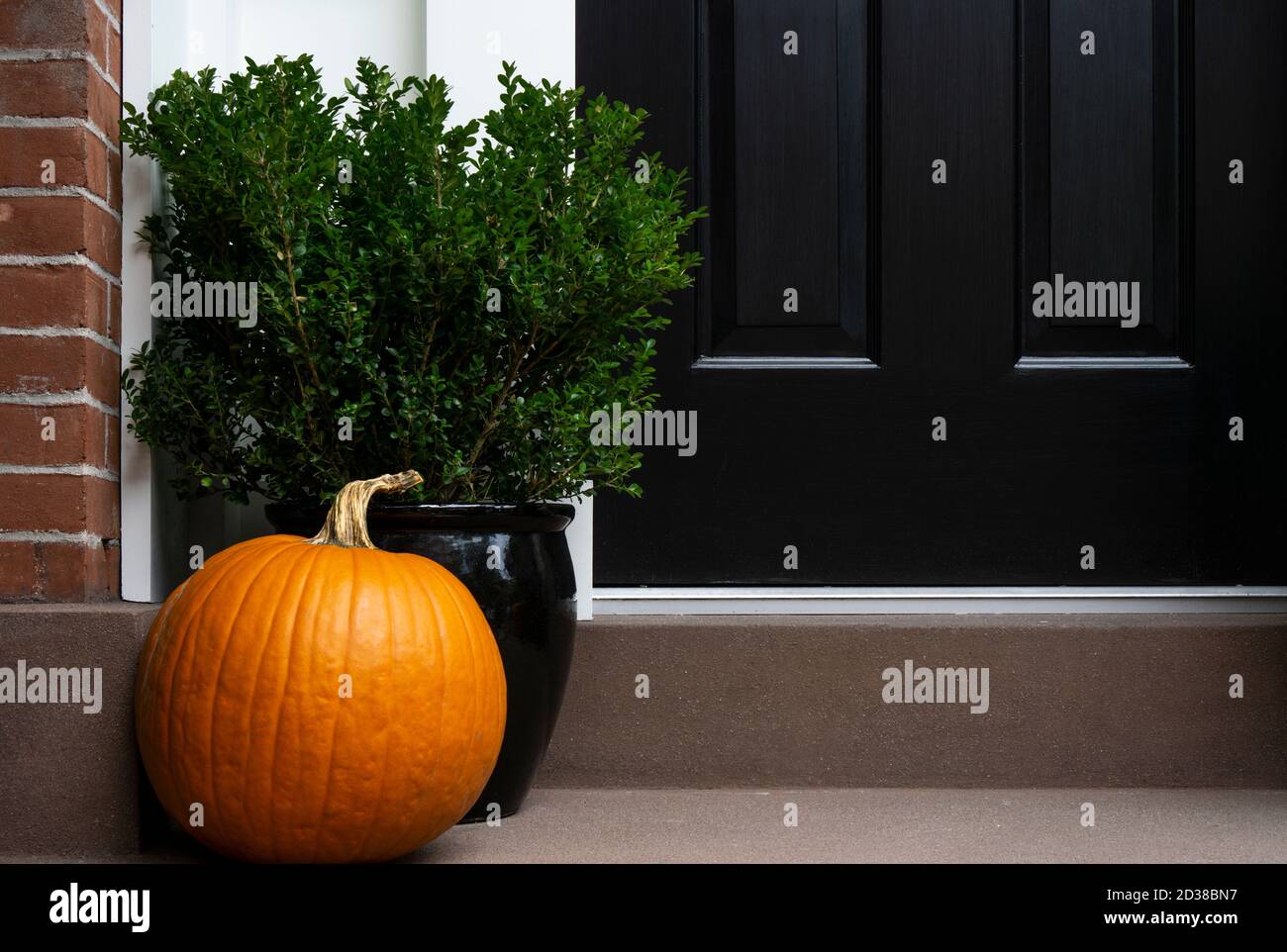 Porte d'entrée décorée de Thanksgiving avec potiron et plante en pot. Saison d'automne. Banque D'Images