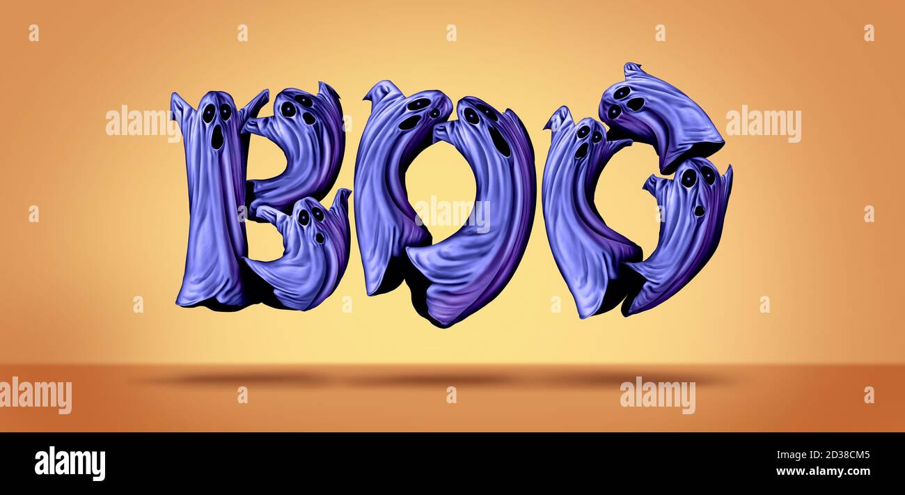 Texte Boo en fantôme violet volant mignon halloween et fantômes effrayants dans un style d'illustration 3D sur un fond orange. Banque D'Images