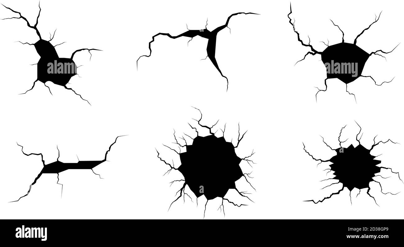 Jeu de fissures de masse. Tremblement de terre et fissures de terre, effet de trou, craquelure et texture de mur endommagée. Les illustrations vectorielles peuvent être utilisées pour les sujets tremblement de terre, accident, destruction Illustration de Vecteur