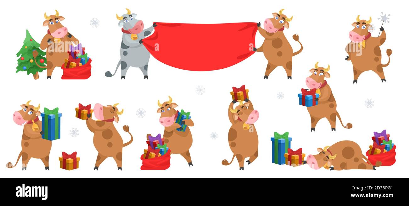 Nouvel an chinois 2021 Ox zodiac jeu de caractères de dessin animé, vecteur plat illustration isolée. Illustration de Vecteur