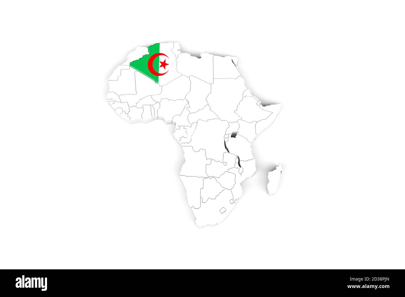 Afrique carte 3d avec frontières marquées - zone Algérie marquée Avec drapeau algérien - isolé sur fond blanc - 3D Illustration Banque D'Images