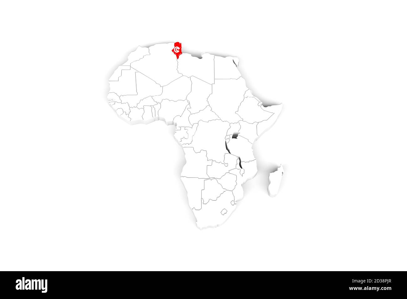 Afrique carte 3d avec frontières marquées - Tunisie zone marquée Avec drapeau tunisien - isolé sur fond blanc - 3D Illustration Banque D'Images