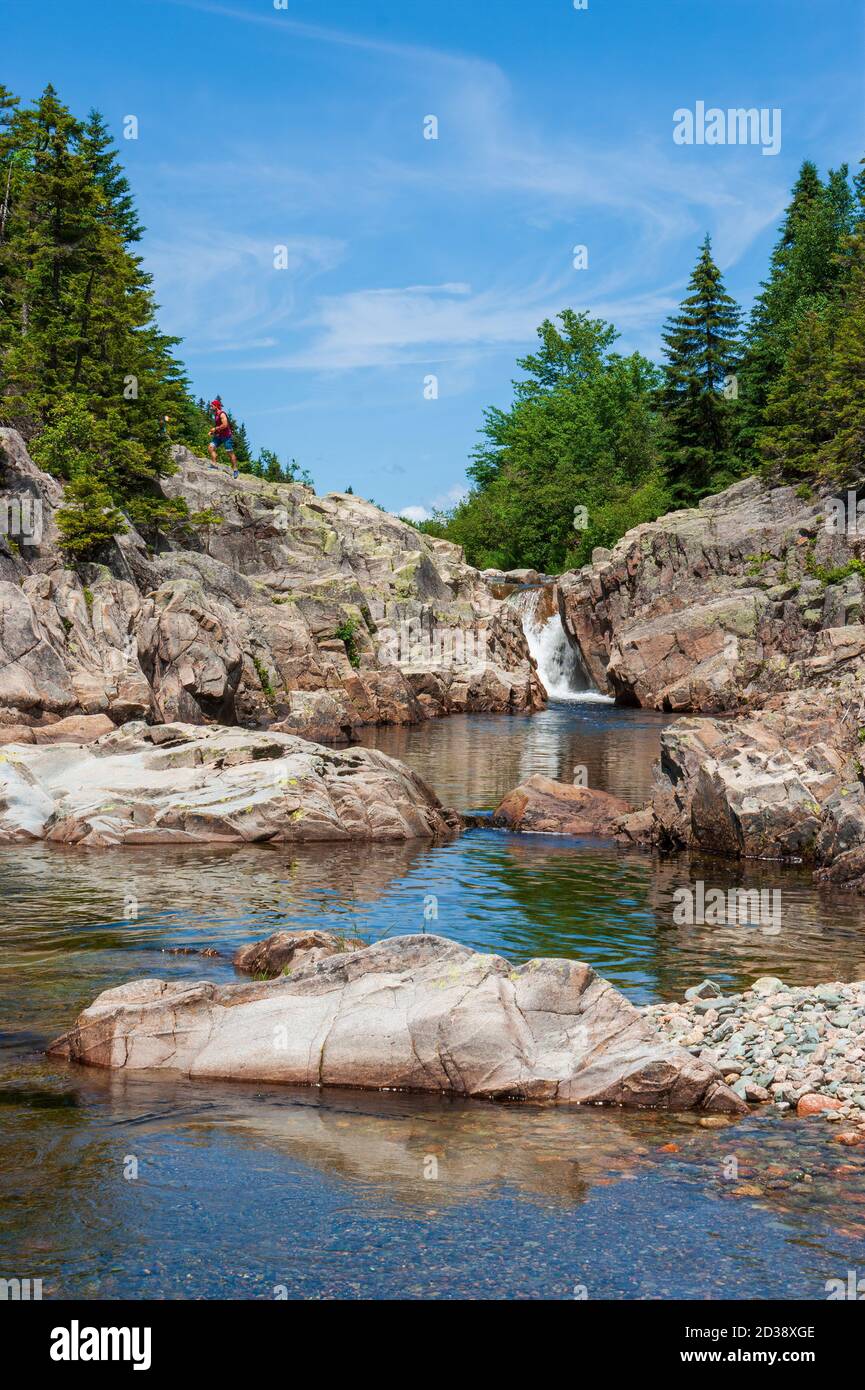 Rivière Broad le long de la piste Moosehorn. Le ruisseau forme de petites cascades et des piscines. Randonneur reposant sur les rives rocheuses. Parc national Fundy, Nouveau-Brunsteran Banque D'Images