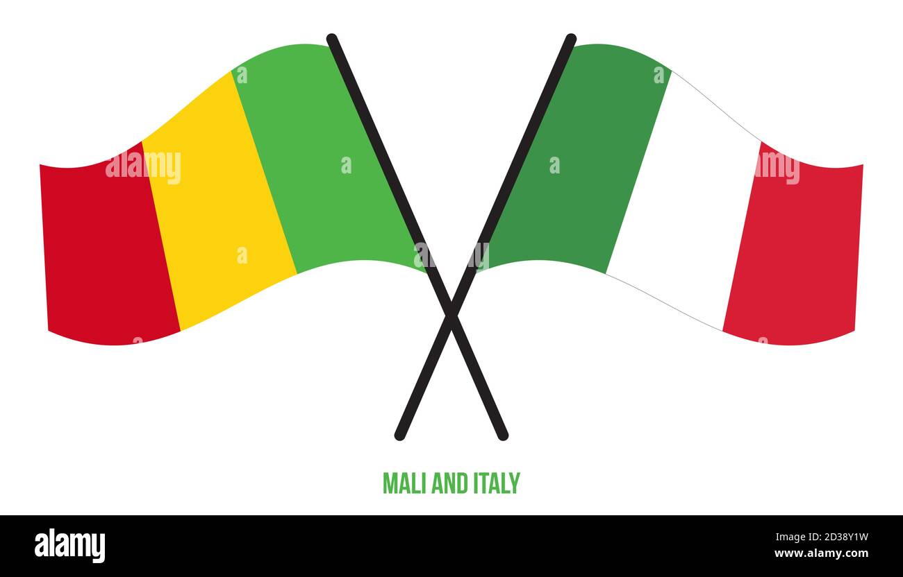 Mali et Italie drapeaux croisés et ondulant le style plat. Proportion officielle. Corriger les couleurs. Illustration de Vecteur