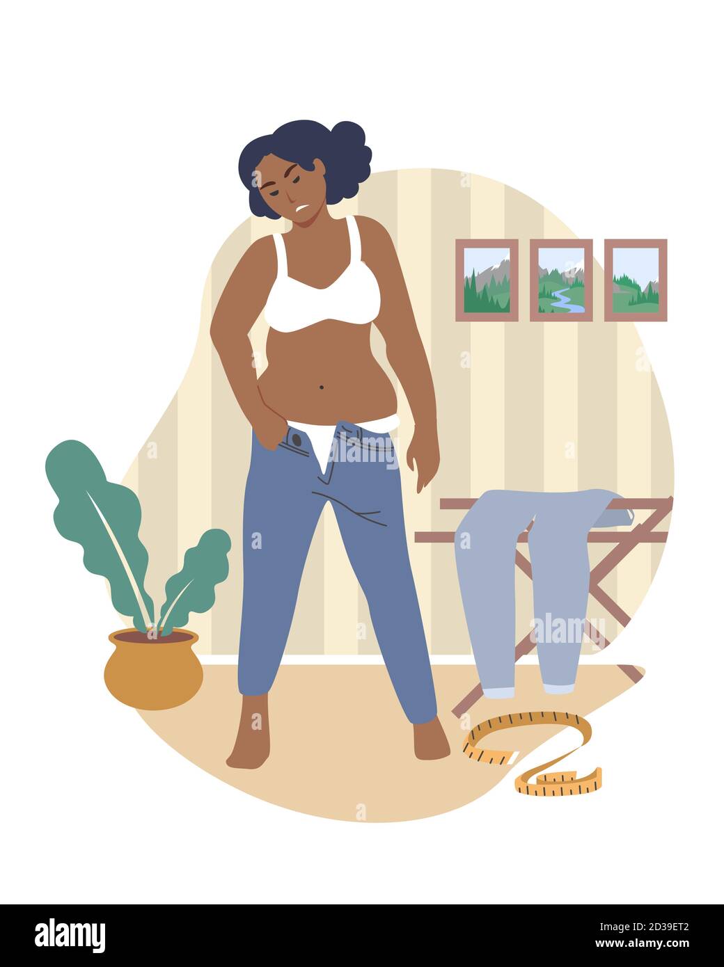 Obésité et problèmes de poids. Mécontent femme de graisse essayant de mettre sur le pantalon serré, illustration vectorielle plate. Illustration de Vecteur
