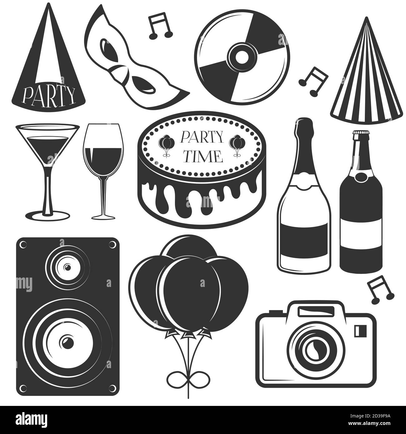 Ensemble de fêtes vectorielles d'emblèmes, de badges, d'autocollants ou de bannières. Éléments de design dans un style vintage. Icônes et logo noirs isolés sur fond blanc Illustration de Vecteur