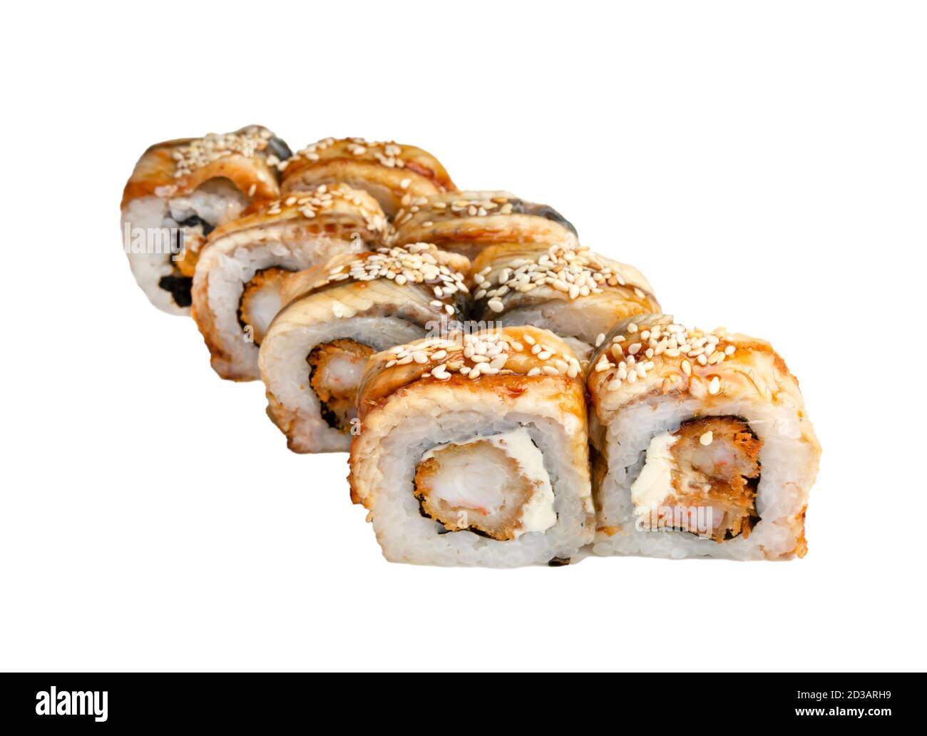 Rouleaux de sushi unagi - cuisine japonaise. Isolé sur blanc Banque D'Images
