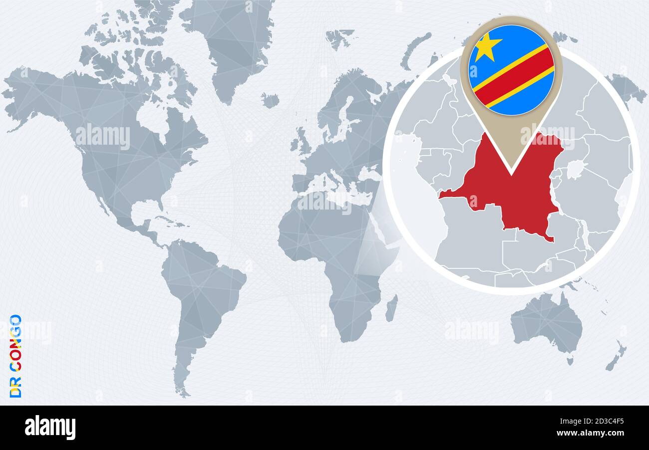 Carte abstraite bleue du monde avec la République démocratique du Congo magnifiée. Drapeau et carte DRC. Illustration vectorielle. Illustration de Vecteur