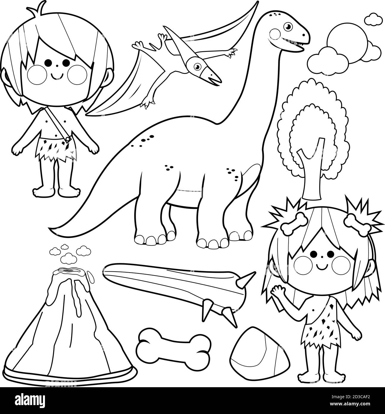 Ensemble de caveliers et dinosaures préhistoriques pour enfants. Page de couleur noire et blanche vectorielle Illustration de Vecteur
