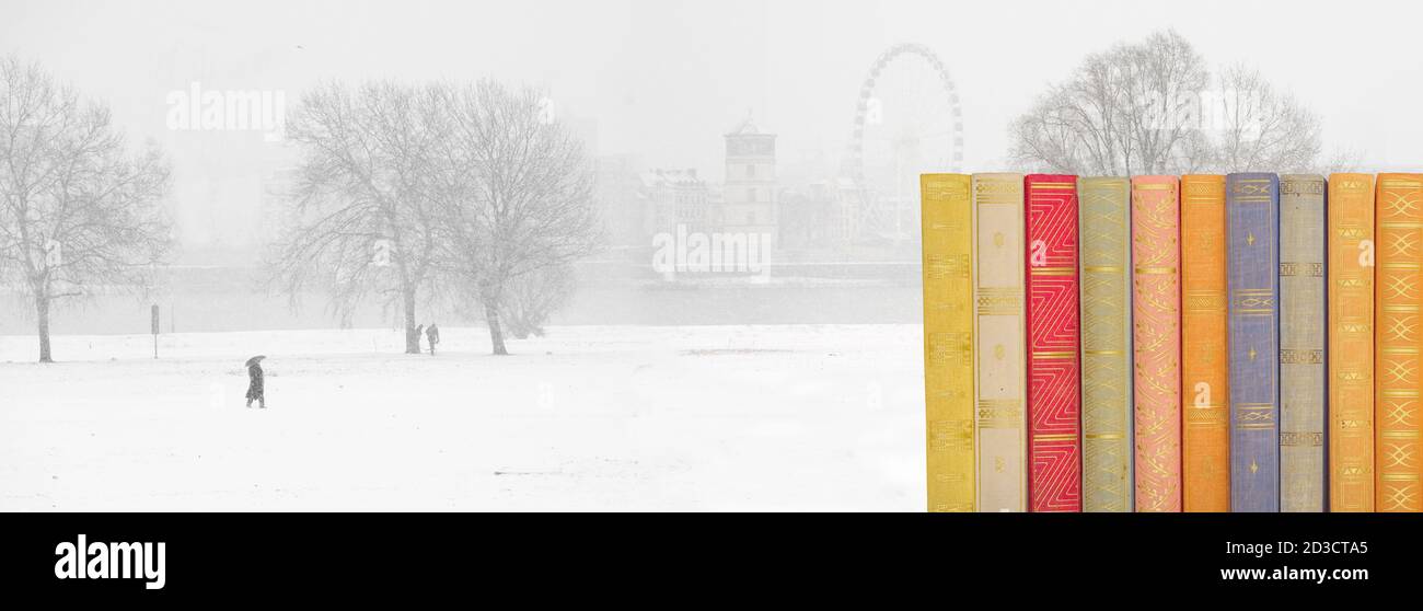 Lecture de livres dans le concept d'hiver, rangée de bboks et paysage enneigé en arrière-plan, grand espace de copie panoramique Banque D'Images