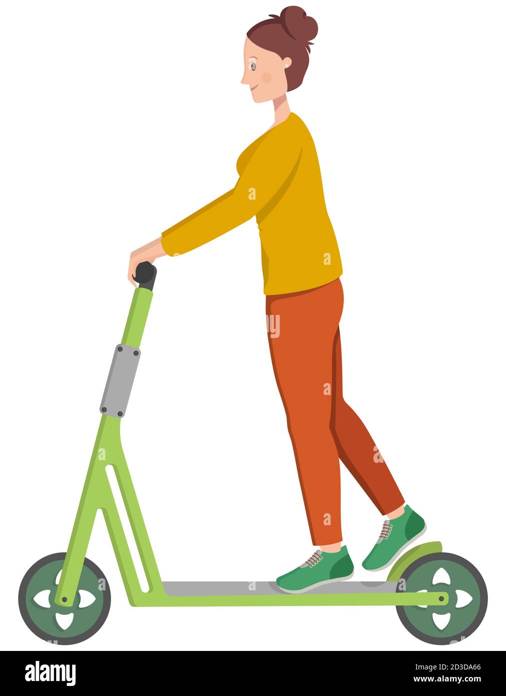 Femme en scooter électrique. Personnage féminin de style dessin animé. Illustration de Vecteur