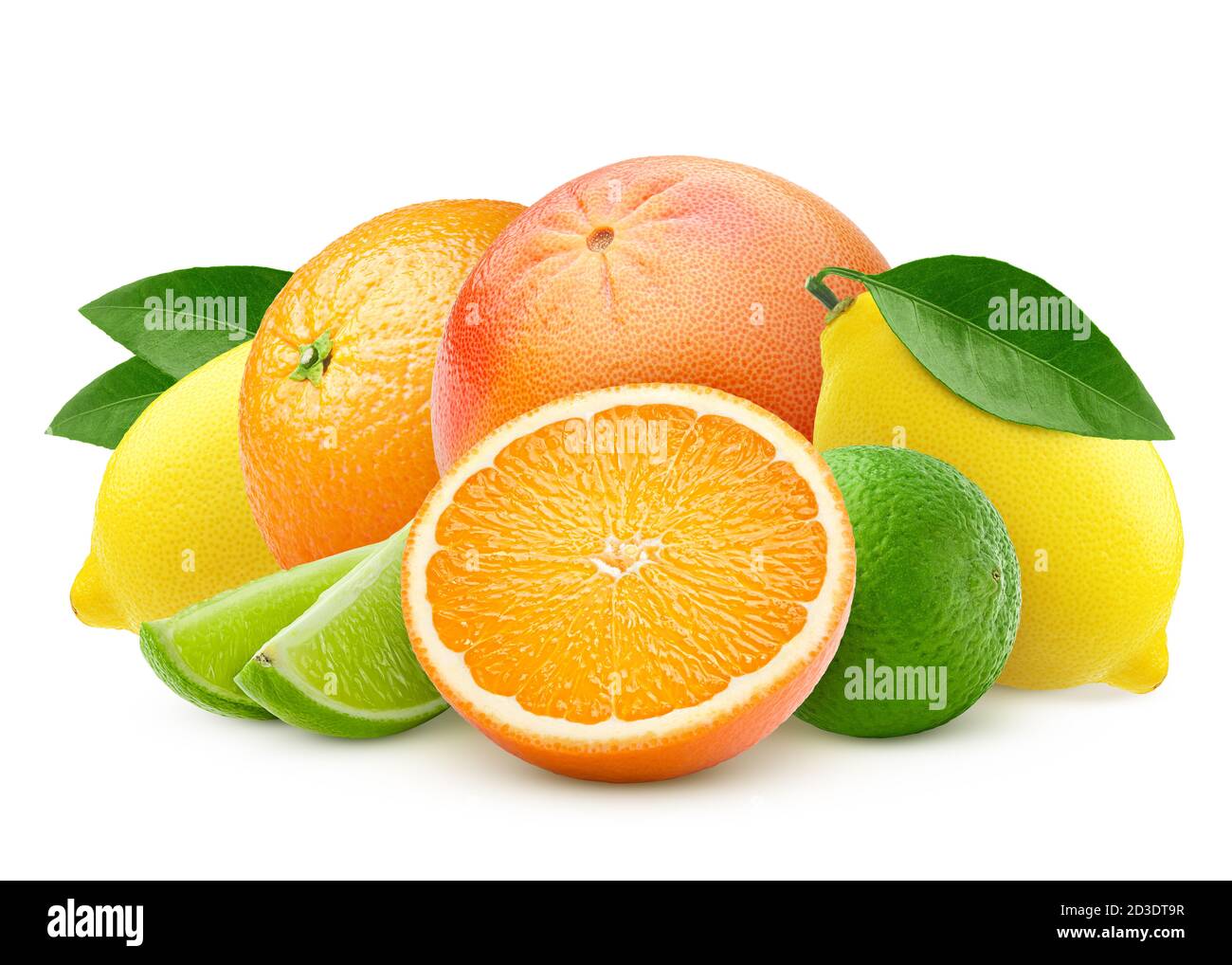 agrumes, mélange, citron, orange, citron vert, pamplemousse isolé sur fond blanc, masque, profondeur de champ totale Banque D'Images