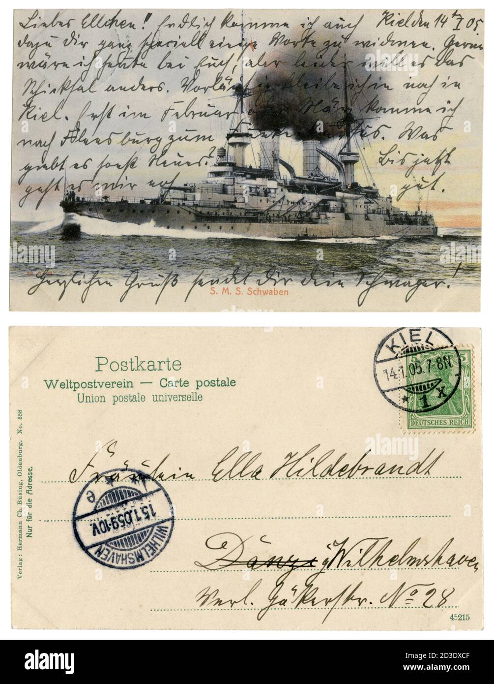 Carte postale historique allemande : SMS Schwaben (1901) quatrième navire de la classe Wittelsbach des leships de la Marine impériale allemande. 1905 Banque D'Images