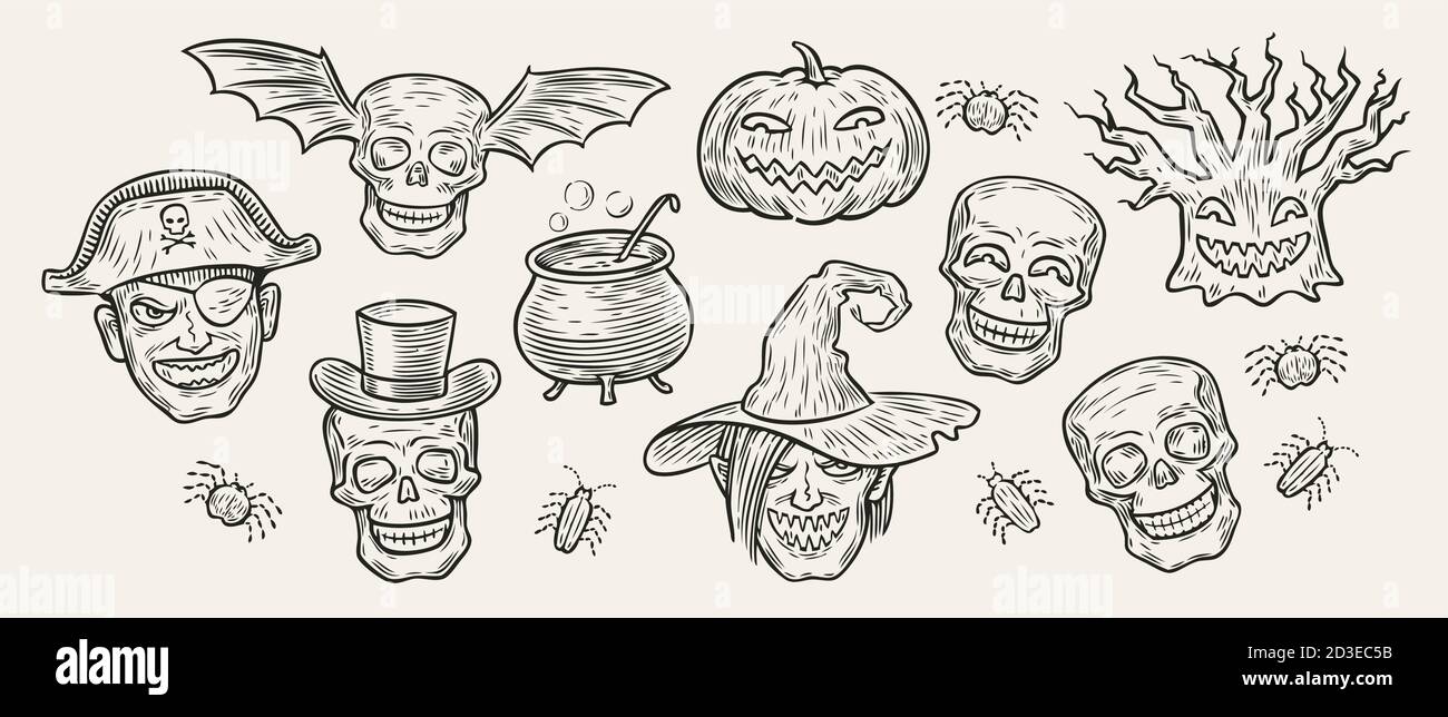 Ensemble de symboles Halloween. Illustration vectorielle vintage dessinée à la main Illustration de Vecteur