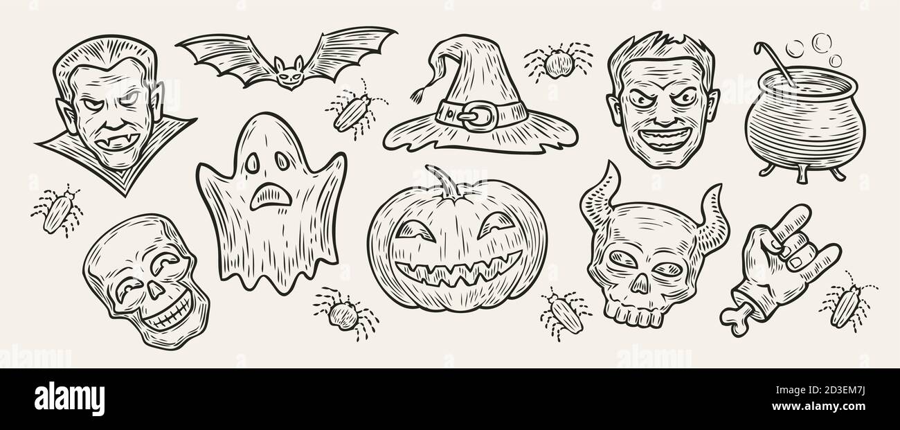 Concept Halloween. Symboles dessinés à la main illustration vectorielle vintage Illustration de Vecteur